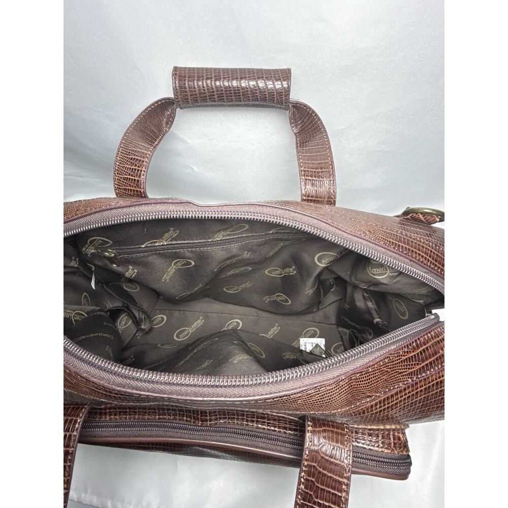Amerileather Genuine Leather Croco Print Duffel Travel Bag Brown Carry On - Picture 7 of 16